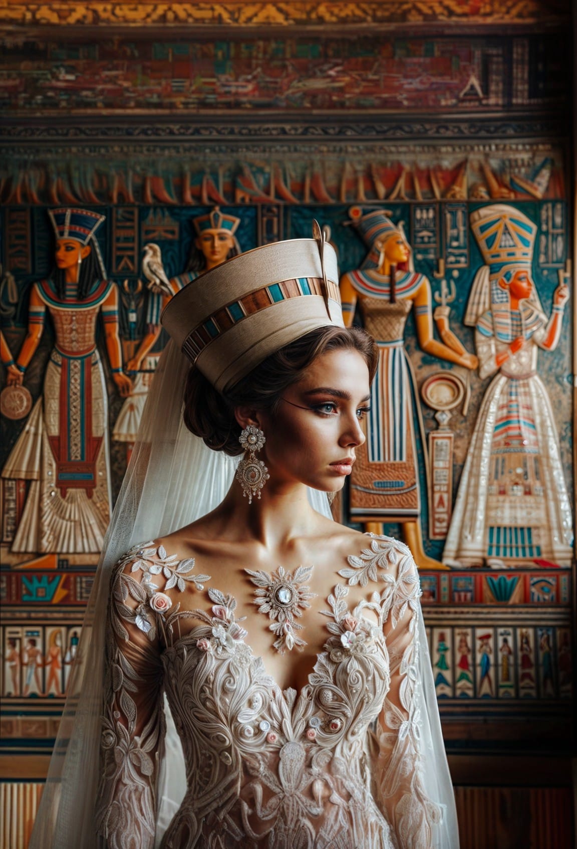 Designed by artificial intelligence Imagine a stunning view that combines the grandeur of ancient Egypt with the elegance of modern fashion. Imagine an Egyptian bride, the centerpiece of this photo, wearing a