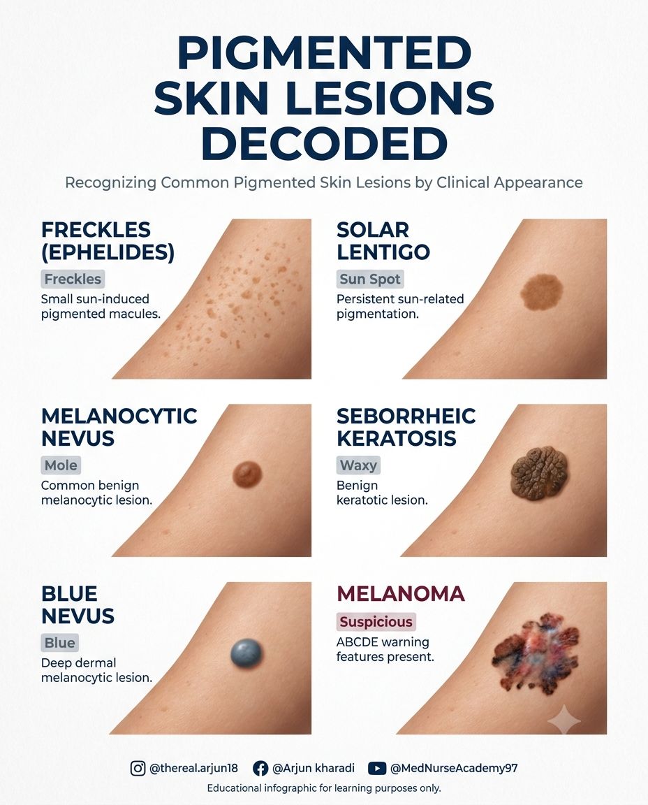 Pigmented skin lesions encompass a wide range of benign, premalignant, and malignant conditions that vary in color, shape, and clinical appearance. Recognizing the common pigmented skin lesions by their characteristic features is