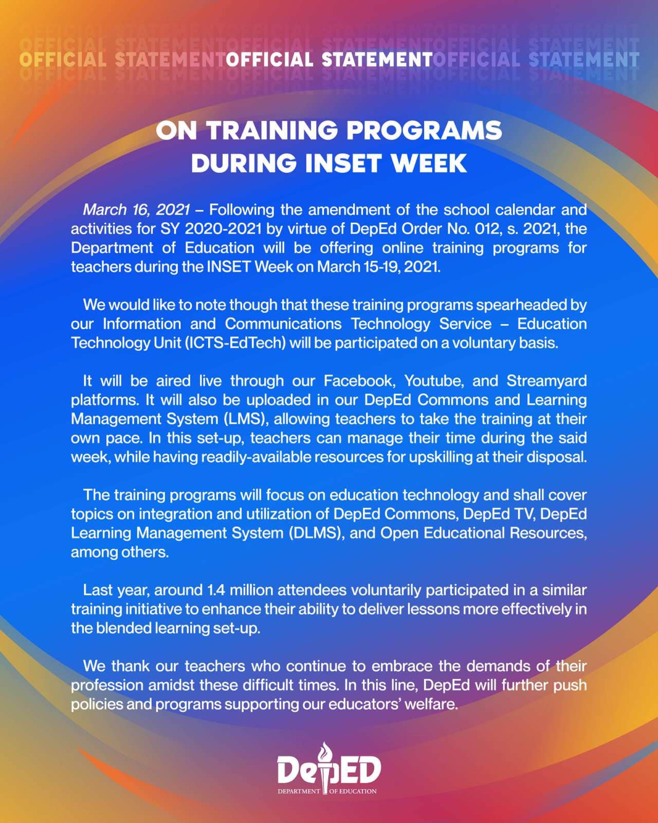 𝗢𝗣𝗜𝗦𝗬𝗔𝗟 𝗡𝗔 𝗣𝗔𝗛𝗔𝗬𝗔𝗚 𝗣𝗮𝗿𝗮 𝘀𝗮 𝘁𝗿𝗮𝗶𝗻𝗶𝗻𝗴... - DepEd Philippines