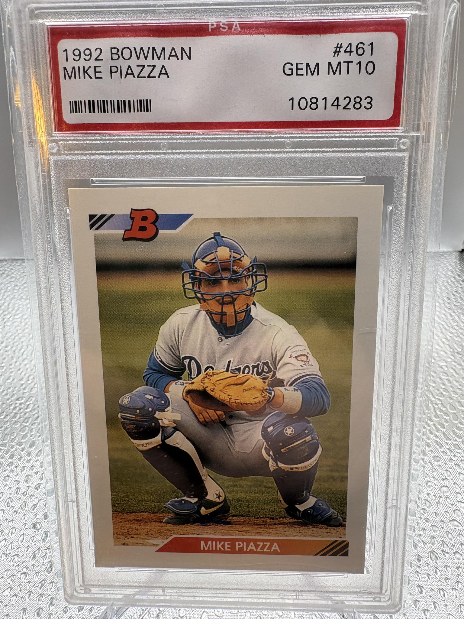 Graded 1992 Bowman Mike Piazza rookie card is card number 461
