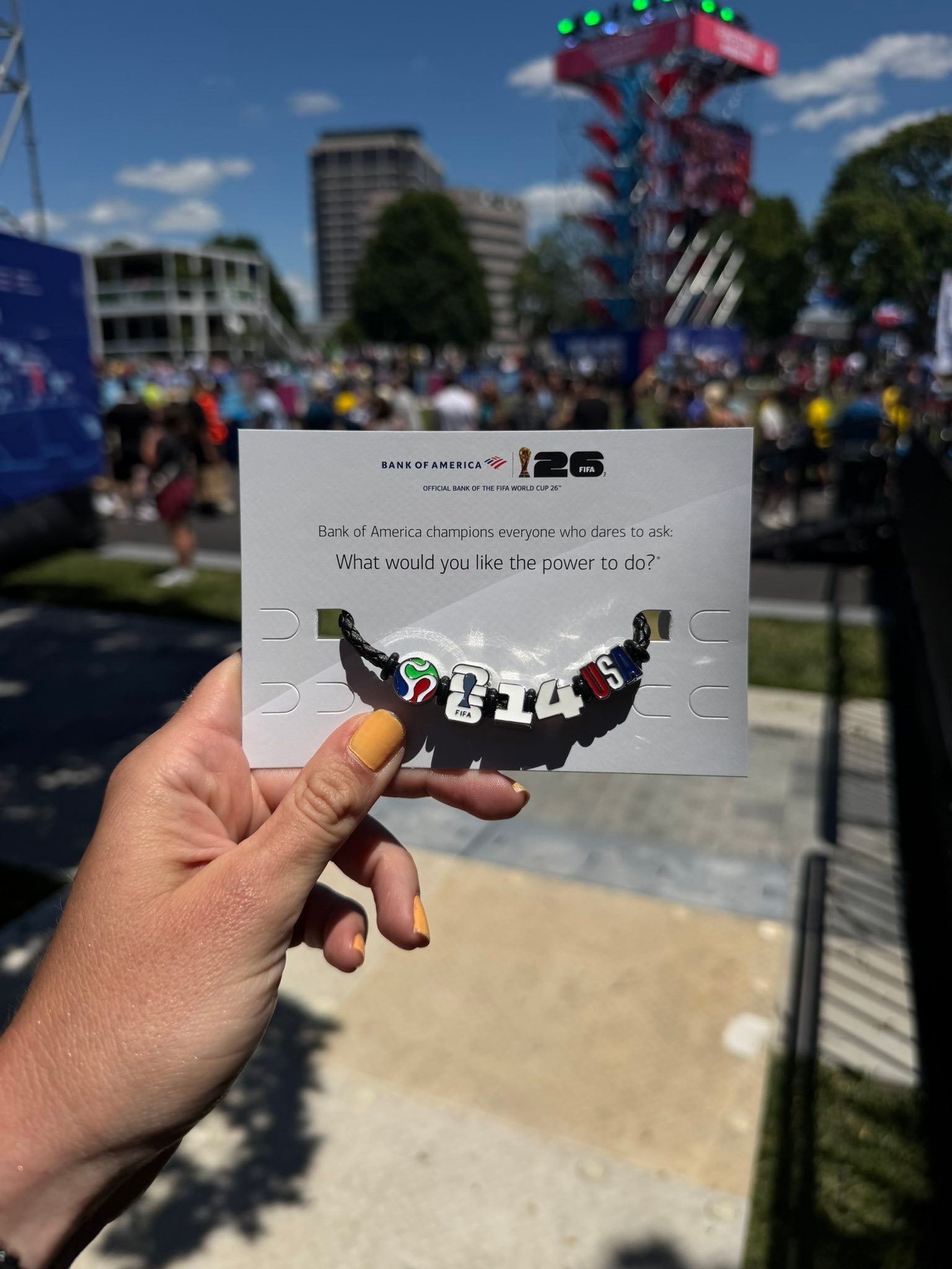 World Cup 2026 fan collecting Bank of America bracelets