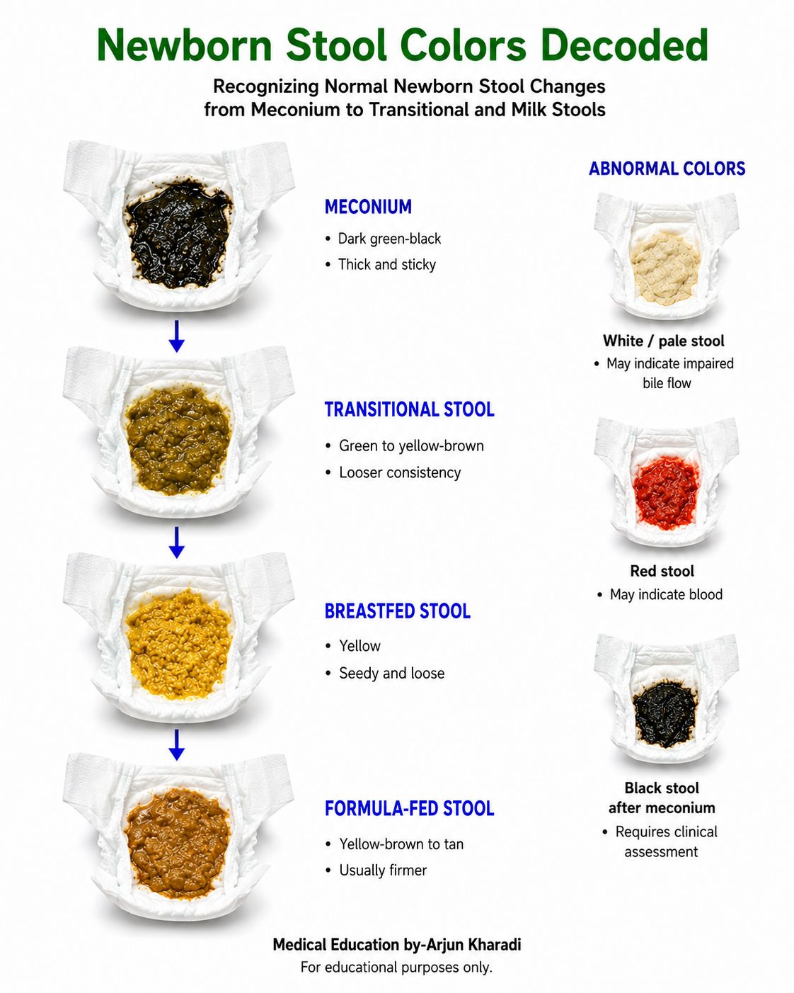A newborn's stool normally changes as feeding begins and the gastrointestinal tract transitions after birth. Meconium is typically dark green-black, followed by transitional stools that become lighter, before breastfed and formula-fed stools