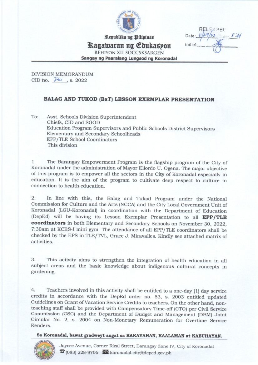 DM CID No. 230, s. 2022 Balag... - DepEd Tayo Koronadal City