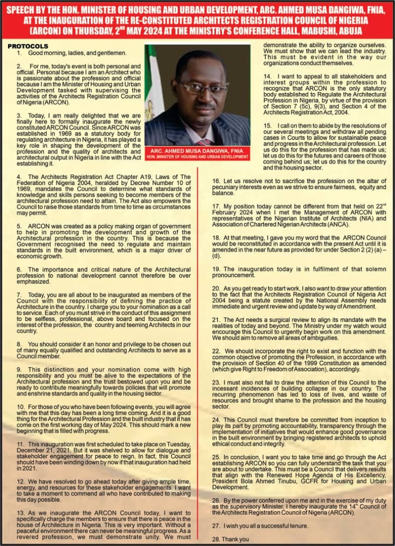 Arcon NG - SPEECH BY THE HON MINISTER OF HOUSING AND URBAN... | Facebook