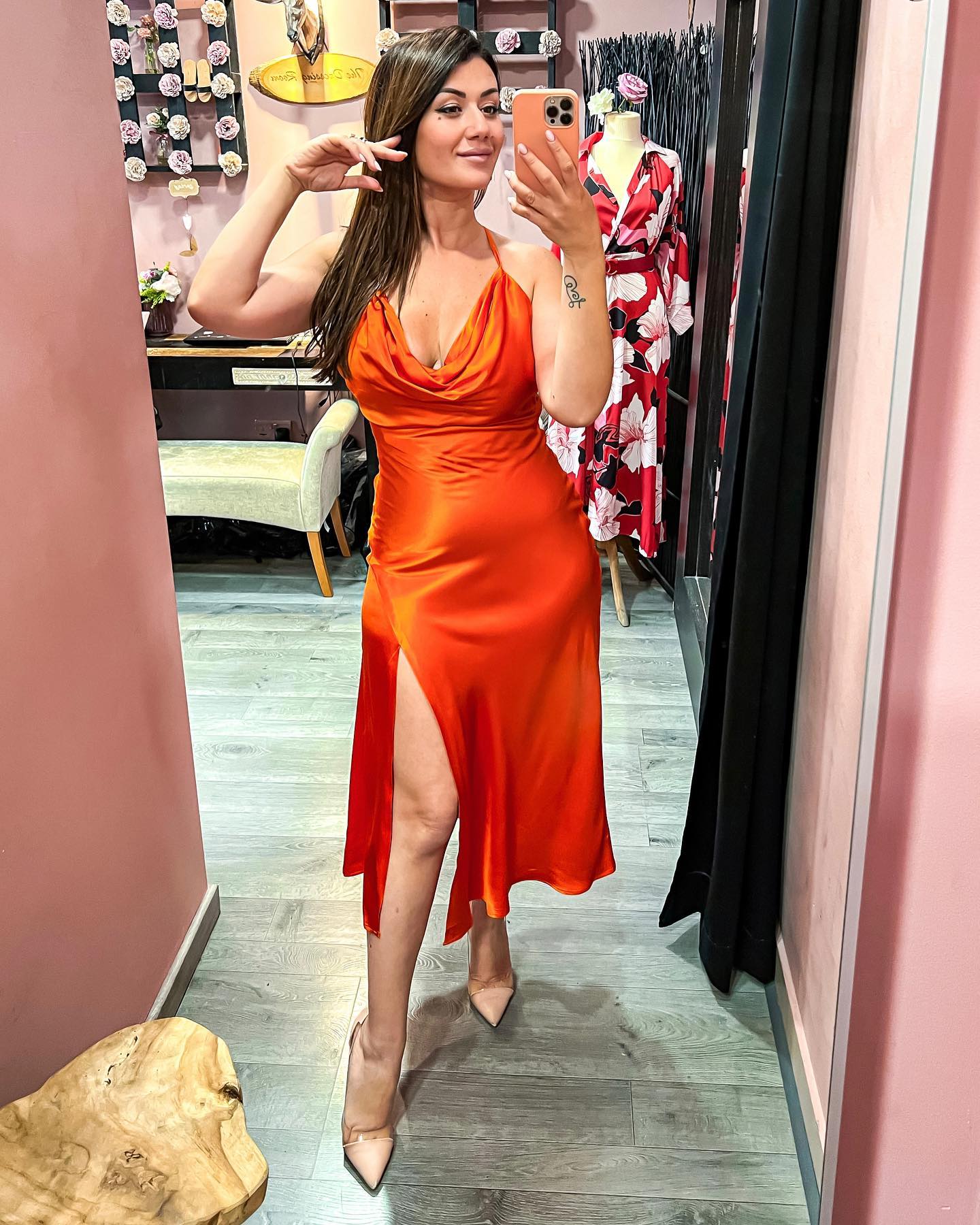 Marita wearing our very own Lydia V-Neck Shimmer Jacquard Midi 