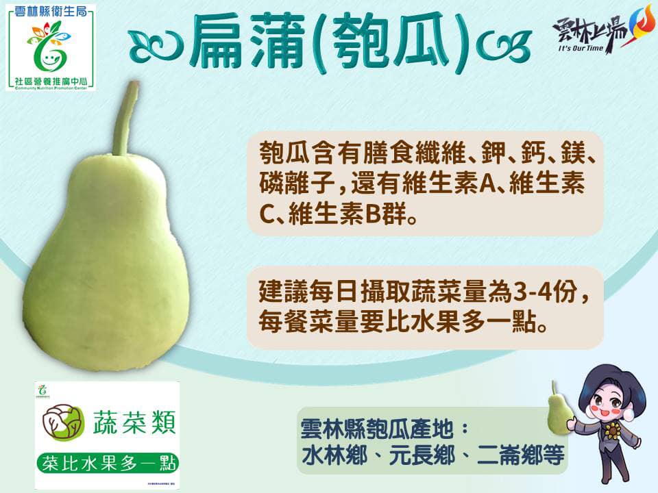 雲林營養健康上場 - 今天我們要介紹的雲林在地食材為—匏瓜👑 圓圓可愛的葫蘆身型～ 最近常在各個社區據點裡發現到它的身影😆 煮熟之後口感質地較 ...