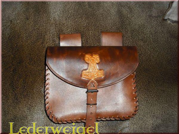 Lederkotten Wikinger Lederbeutel Mit Thors Hammer Prägung – Talersack, Rindsleder Braun, Handarbeit