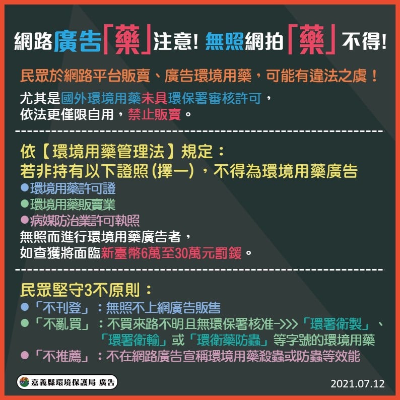嘉義縣毒性及關注性化學物質宣導 網路廣告 藥 注意 無照網拍 藥 不得 你知道嗎 Facebook