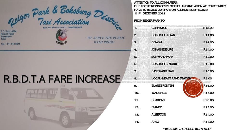 Reiger Park Taxi Association - RBDTA | Boksburg