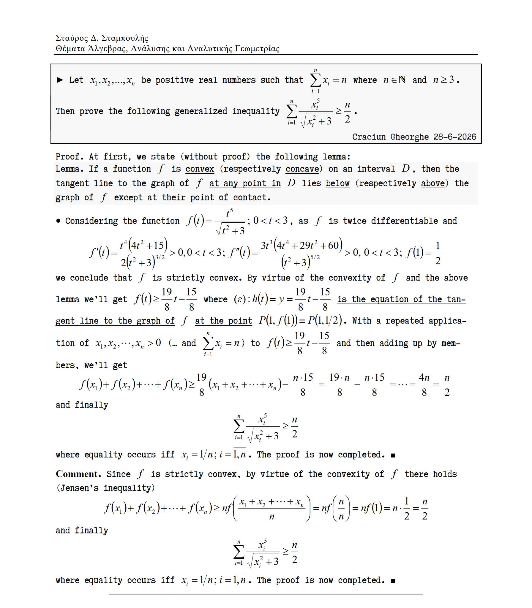 Proof of generalized inequality for convex functions