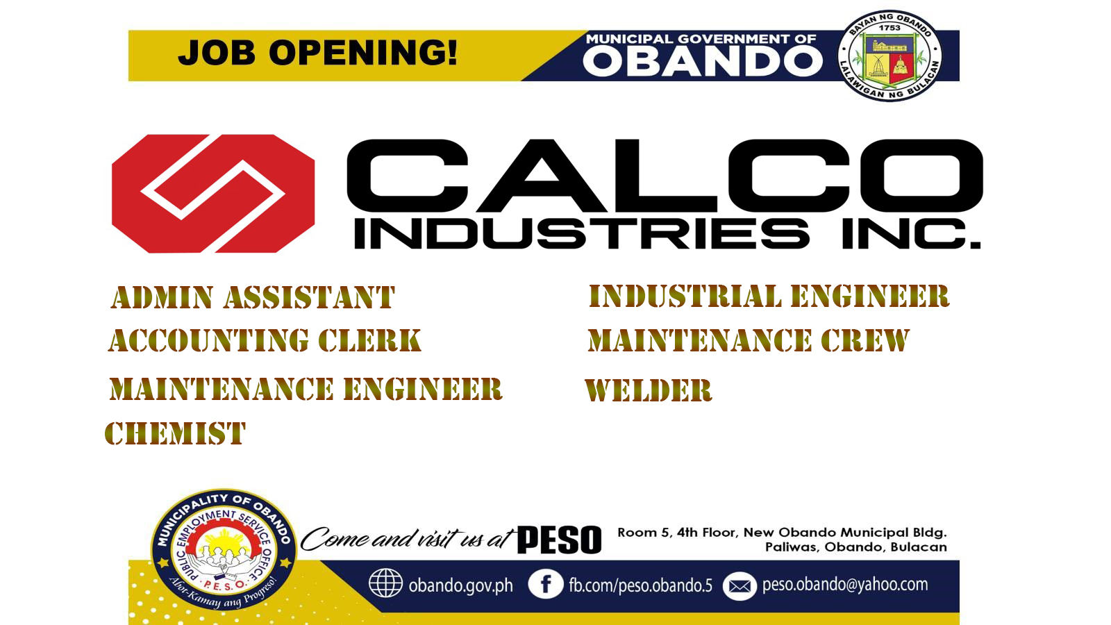 CALCO INDUSTRIES INC. El Camino Real... - PESO Obando Bulacan | Facebook