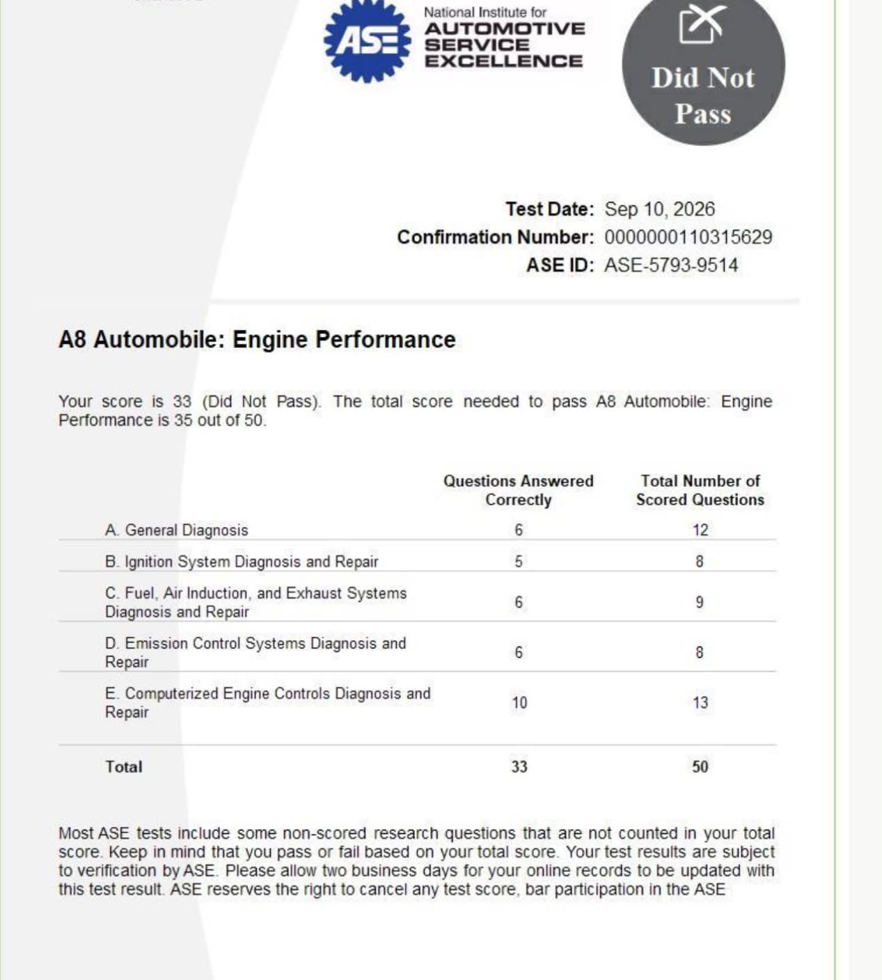 Failed ASE test due to poor preparation