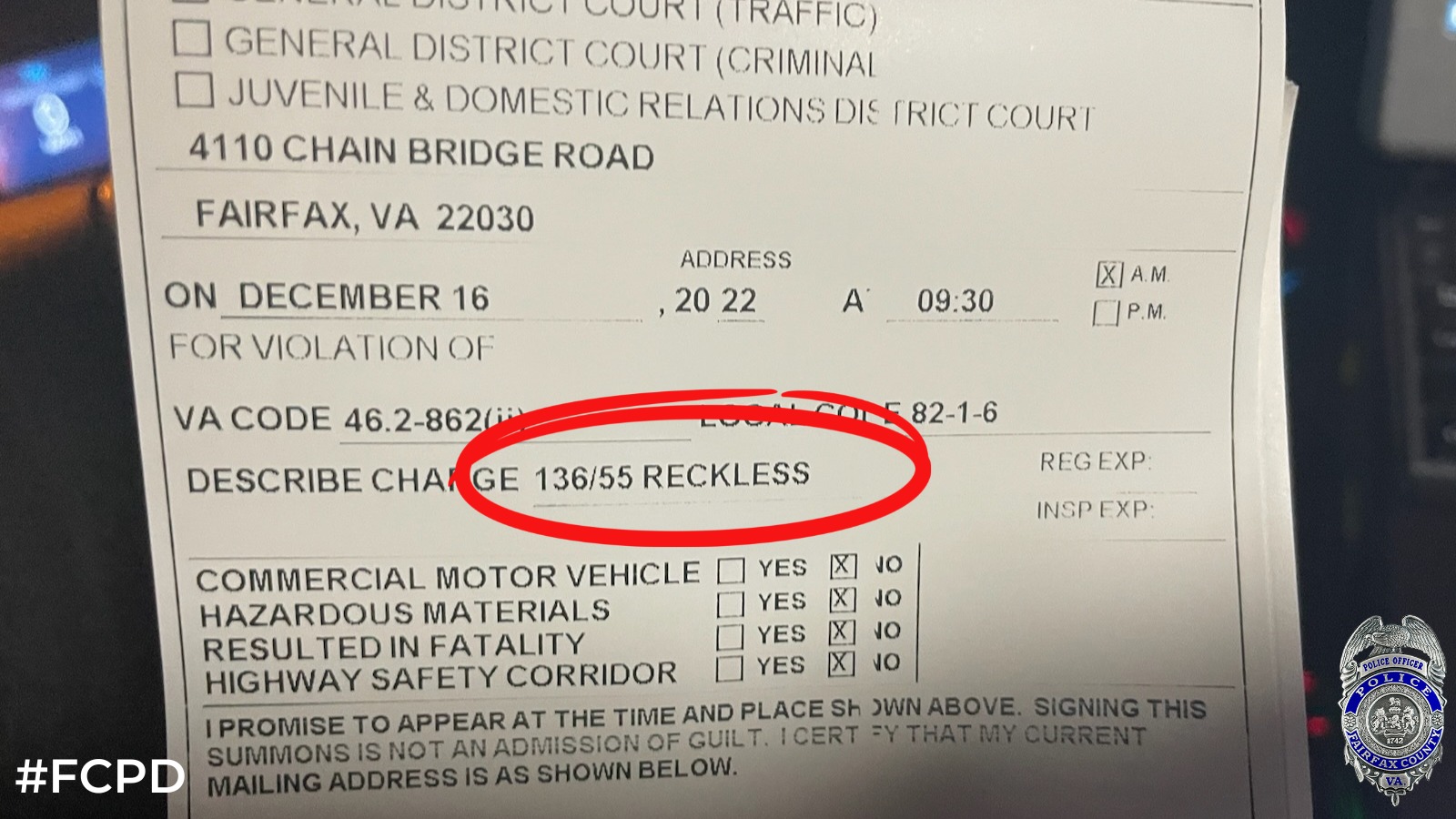 Come on, Virginia! 136 mph in a 55 mph zone — You know better than