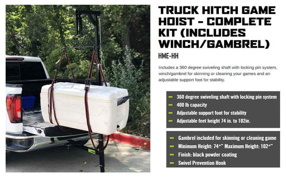 HME Truck Hitch Game Hoist Complete Kit - 400 Lb Capacity Hunting Gambrel & Winch System