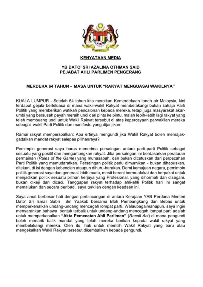 Azalina Suggests A Recall Bill Where People Can Hold Mps Accountable For Party Hopping