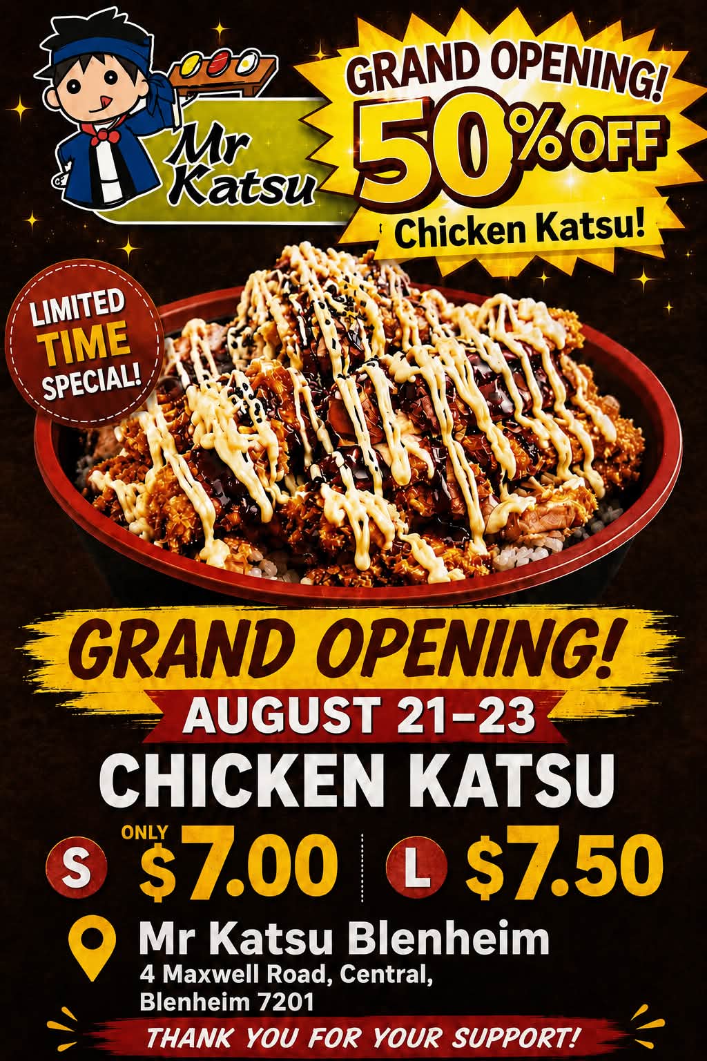 Mr Katsu Blenheim grand opening: 50% off chicken katsu August 21-23