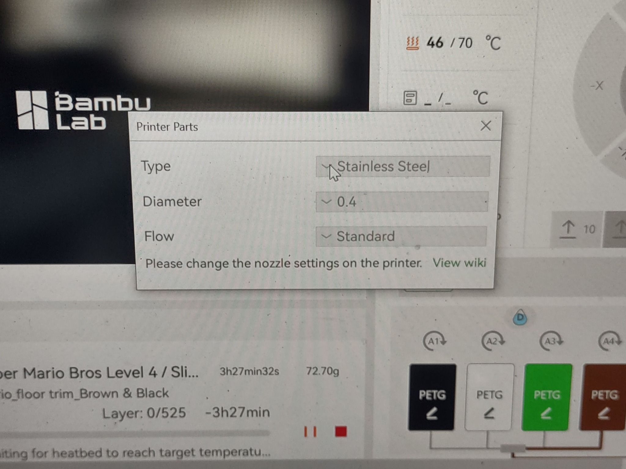 How to change nozzle settings on Bambu Lab printer when interface