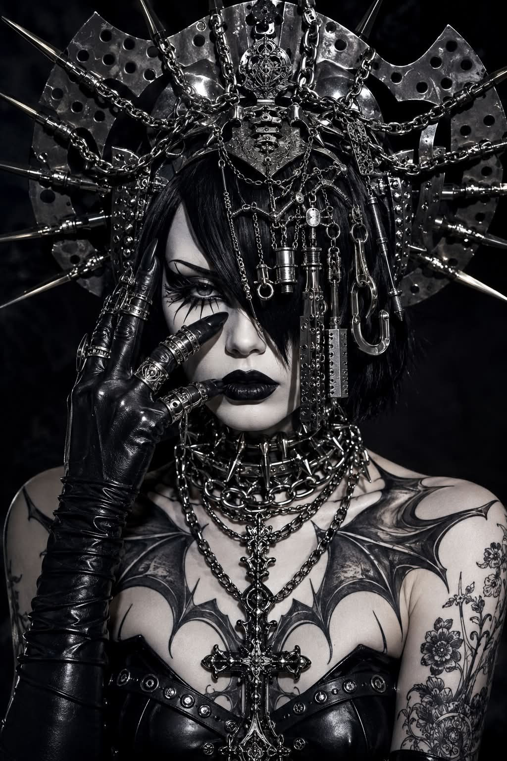 Cybergoth woman with striking black and white makeup