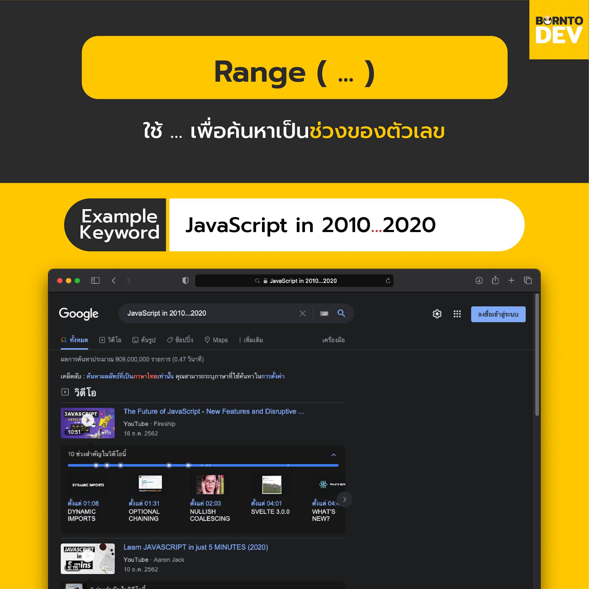 BorntoDev - 🔎 Range ( ... ) . ใช้ … เพื่อค้นหาเป็นช่วงของตัวเลข . เช่น ...