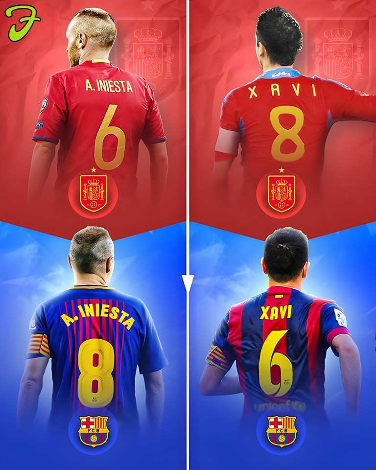 Iniesta and Xavi sharing the iconic number 8 and 6 for Barcelona