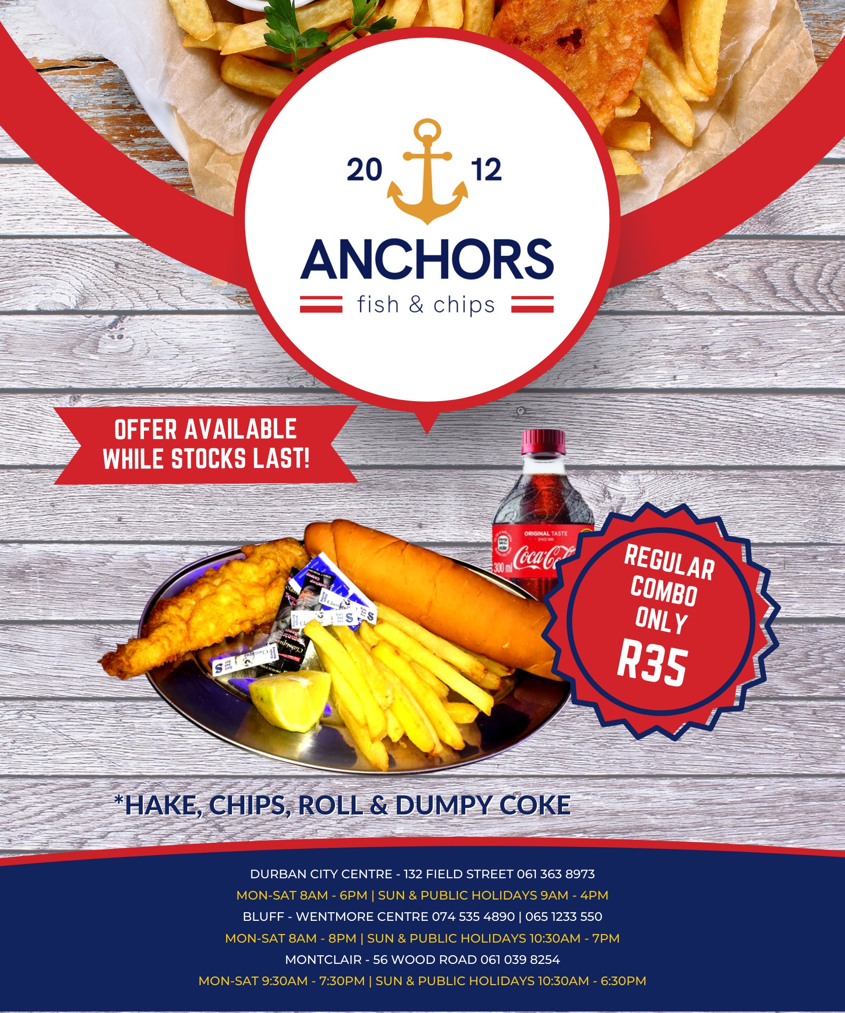 Anchors Fish & Chips - Hake, Chips, Roll & a Dumpy Coke for Only R35 ...