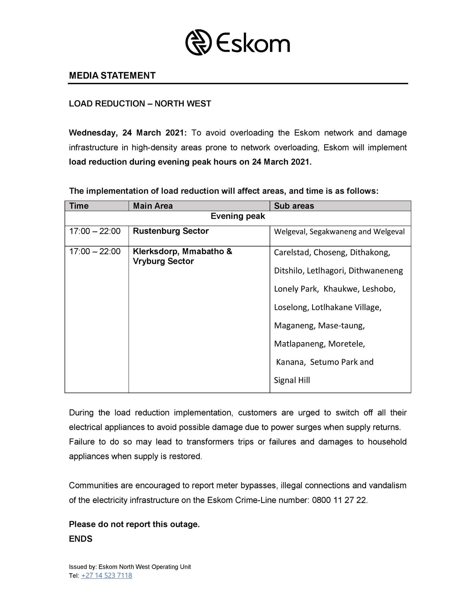 Eskom Hld SOC Ltd - Eskom Load Reduction Notice Date: 24 March 2021 # ...