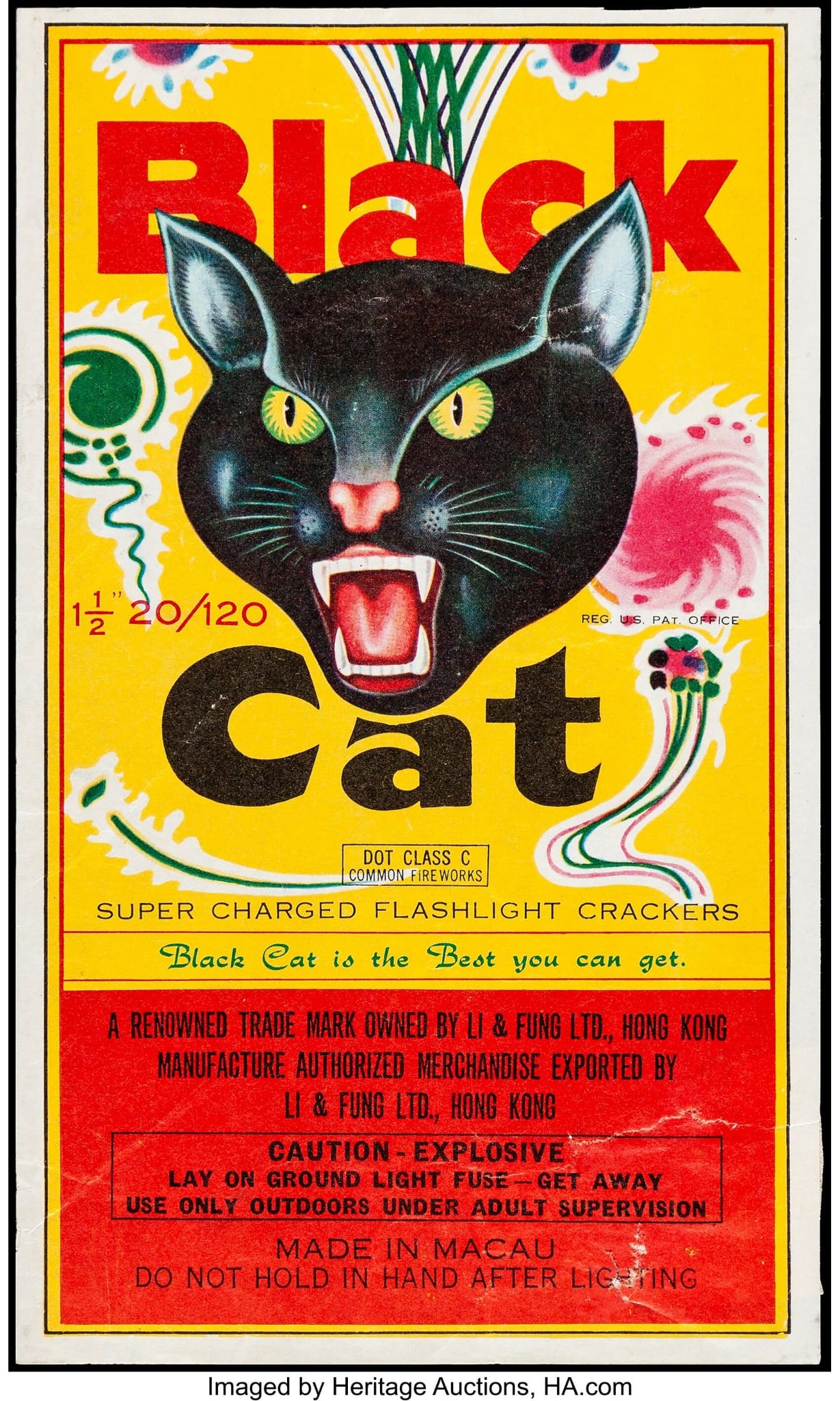 50s USA ビンテージ　Black Cat Fireworks バナー Black Cat Firecrackers (Li & Fung LTD., 1950s). Firecracker Label