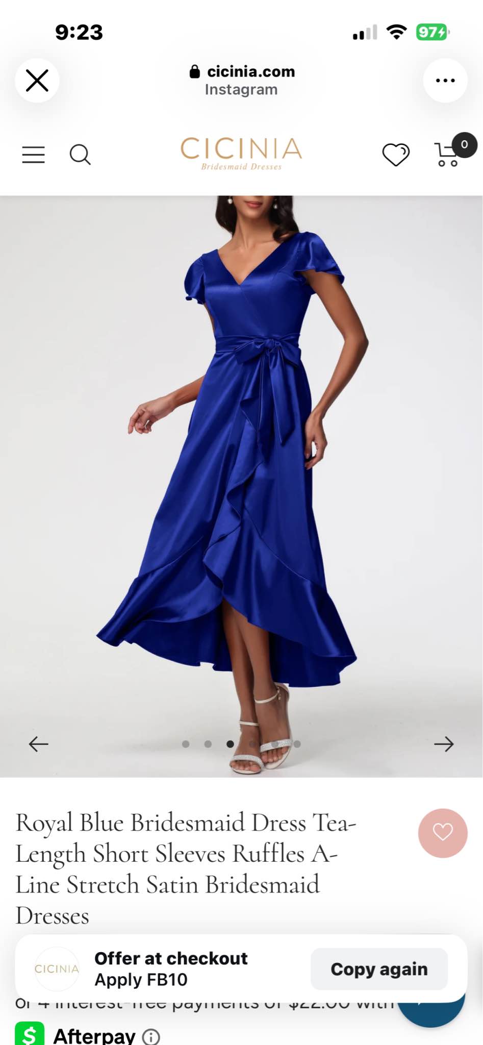 Never 9:23 X 974 cicinia.com Instagram CICINIA BridematdDreses Bridesmaid Dresses 0 → Royal Blue Bridesmaid Dress Tea- Length Short Sleeves Ruffles A- Line Stretch Satin Bridesmaid Dresses CICINIA Offer at checkout Apply