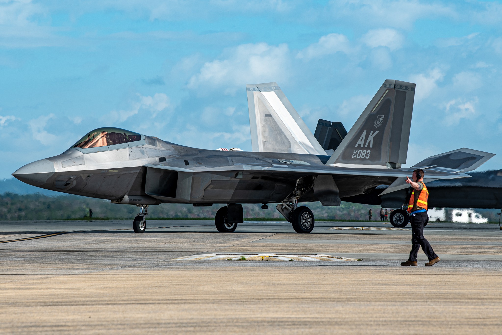 F-22 with drop tanks in transit to Kadena Air Base, Japan, from