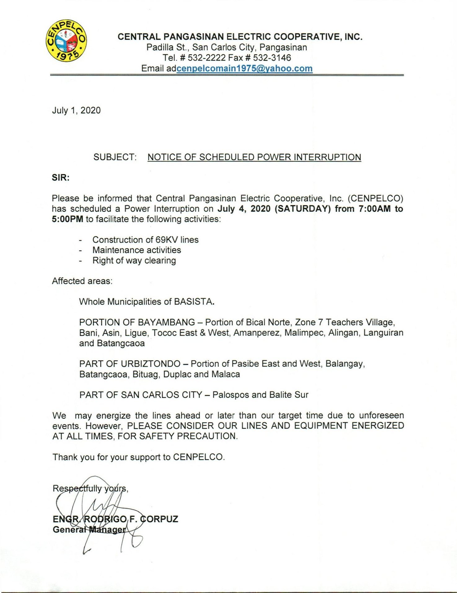 I Love - SUBJECT: NOTICE OF SCHEDULED POWER INTERUPTION Please be ...