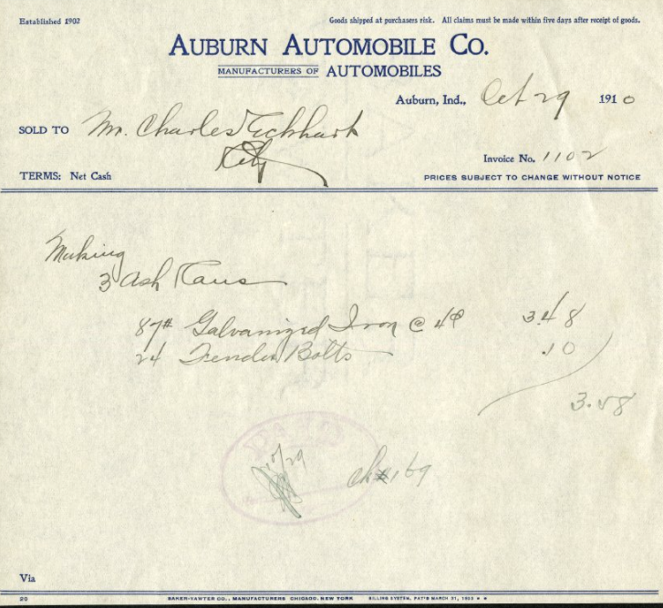 This is a receipt from the Auburn Automobile Company sold to Charles ...
