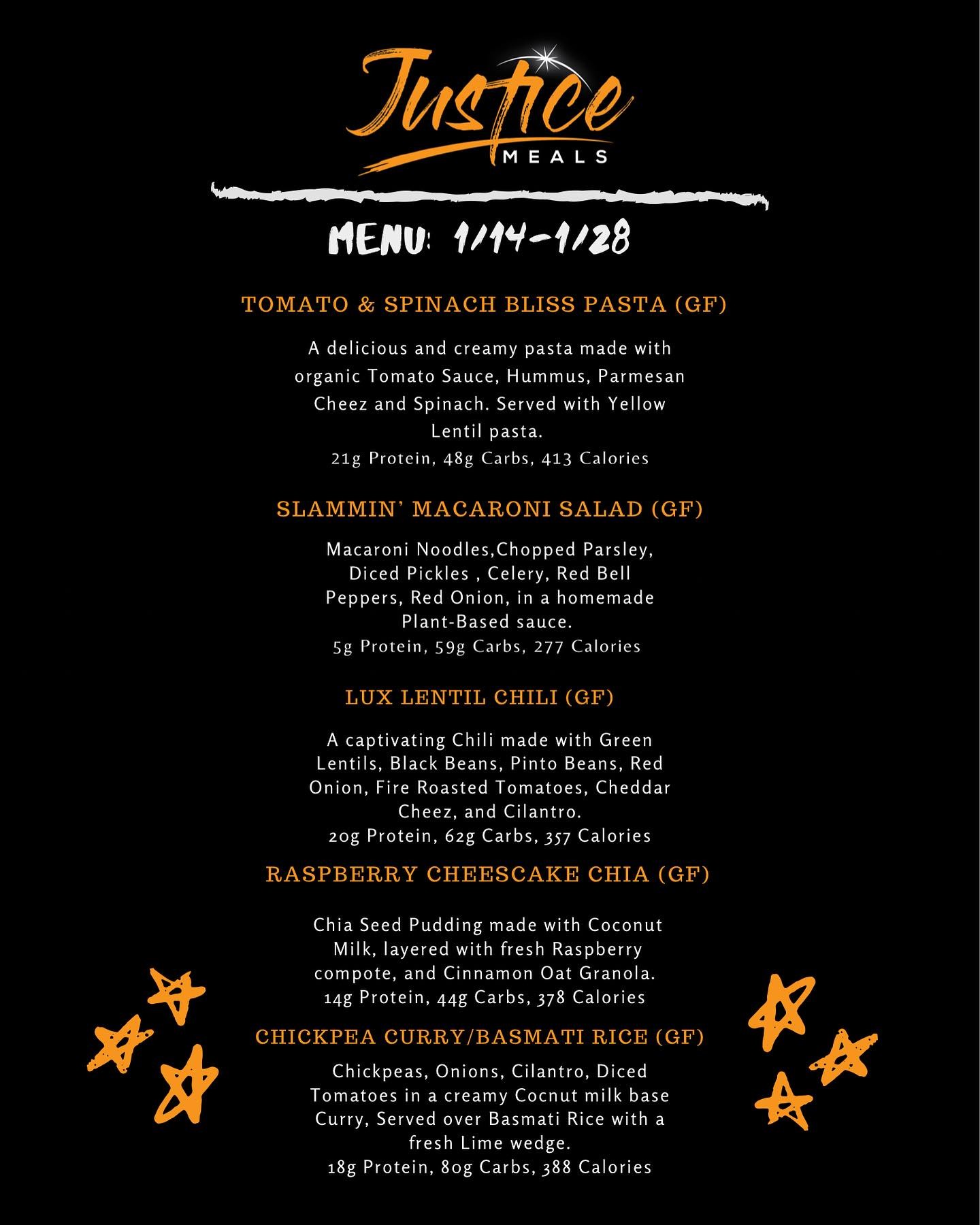 JusticeMeals - 🤲🏽🧡 - This weeks new menu is here ladies and gentlemen ...