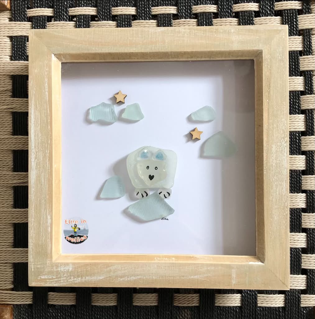 Handpicked sea glass polar bear artwork from Gower beaches, South