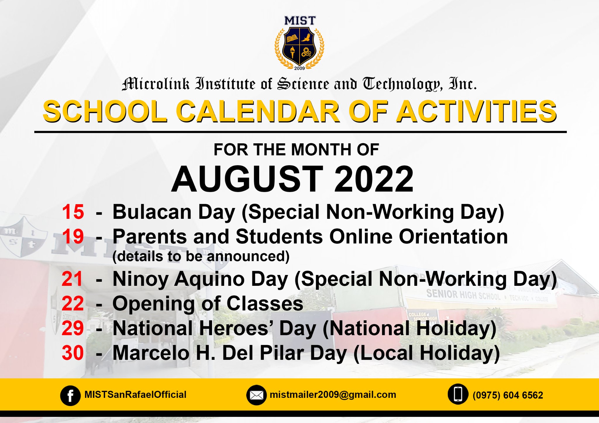 School Calendar of Activities for the Month of August 2022 School Year ...