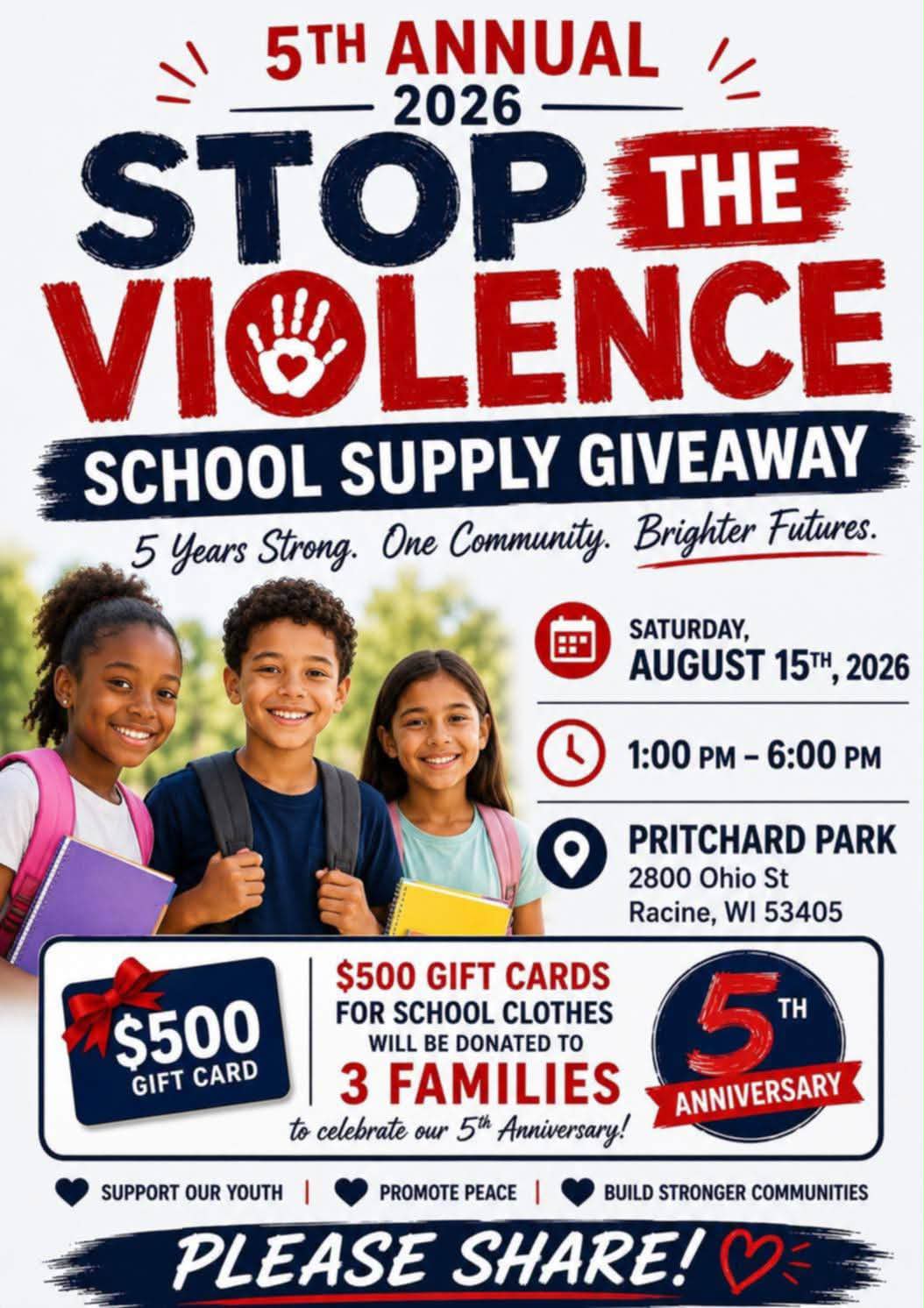 5TH ANNUAL 2026, Stop the Violence School Supply Giveaway in Racine