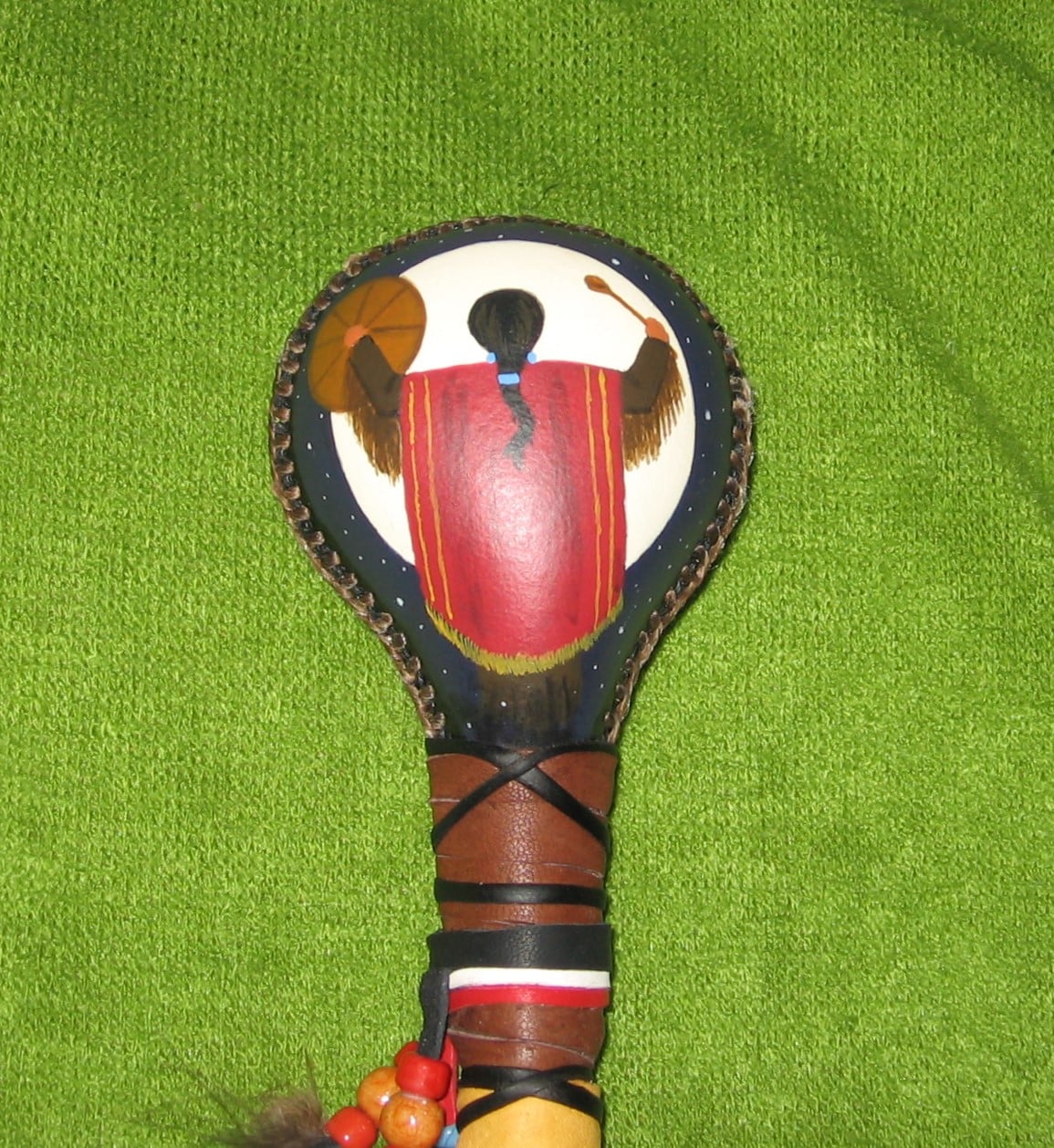 Native American Rawhide Rattle - Handmade Navajo Ceremonial Instrument With Buffalo Design