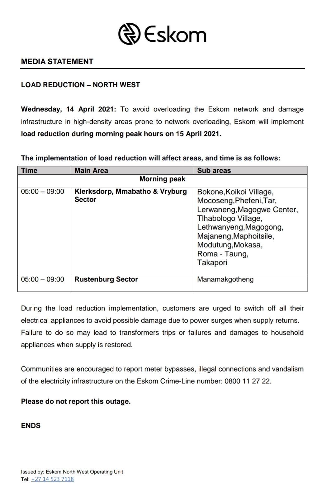 Eskom Hld SOC Ltd - Eskom Load Reduction Notice Date: 14 April 2021 # ...
