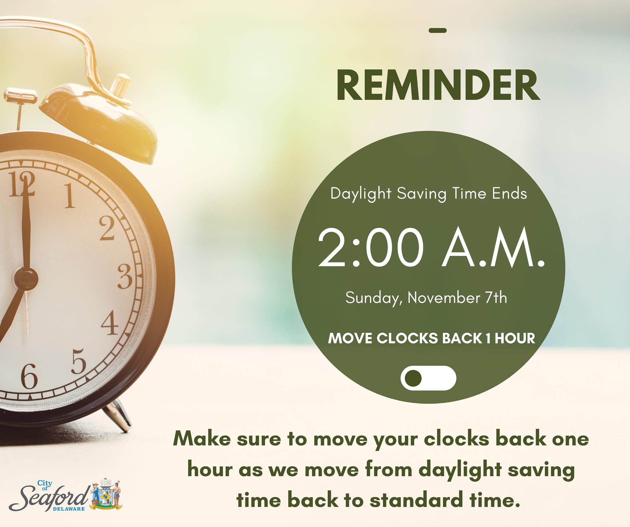 City of Seaford - Reminder: Set your clocks back one hour...