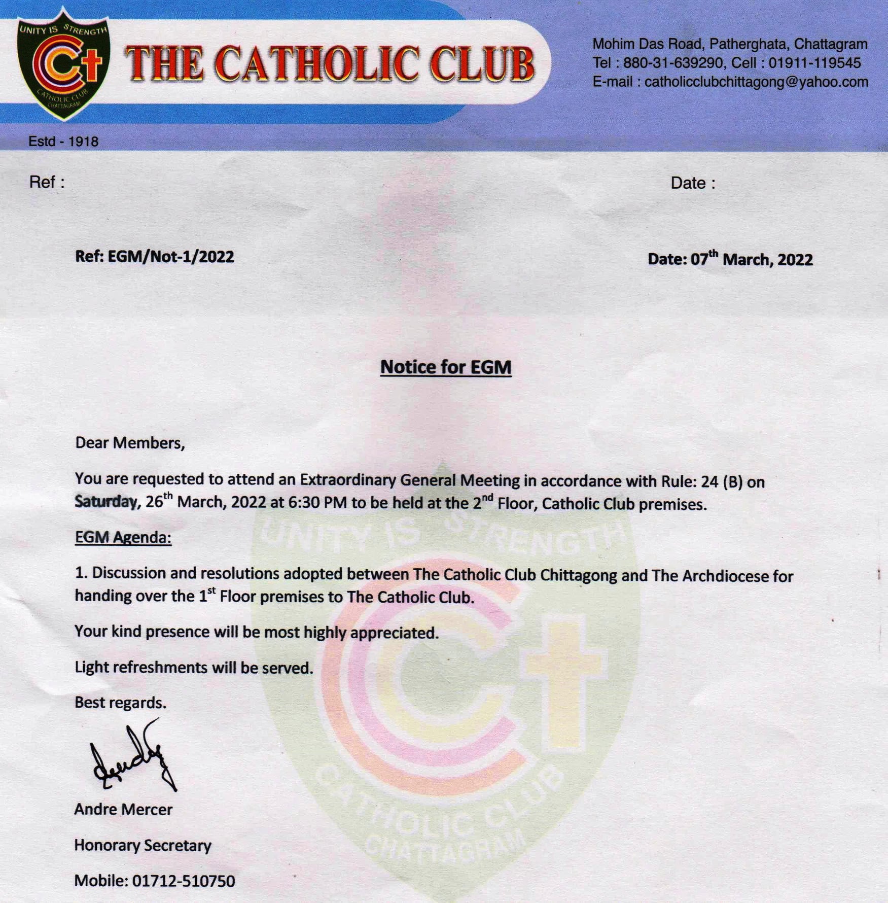 EGM Notice - The Catholic Club Chittagong.