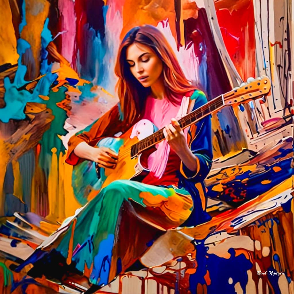 Guitar in the forest, Digital Artwork by Tabarek Abu @2025 copyright