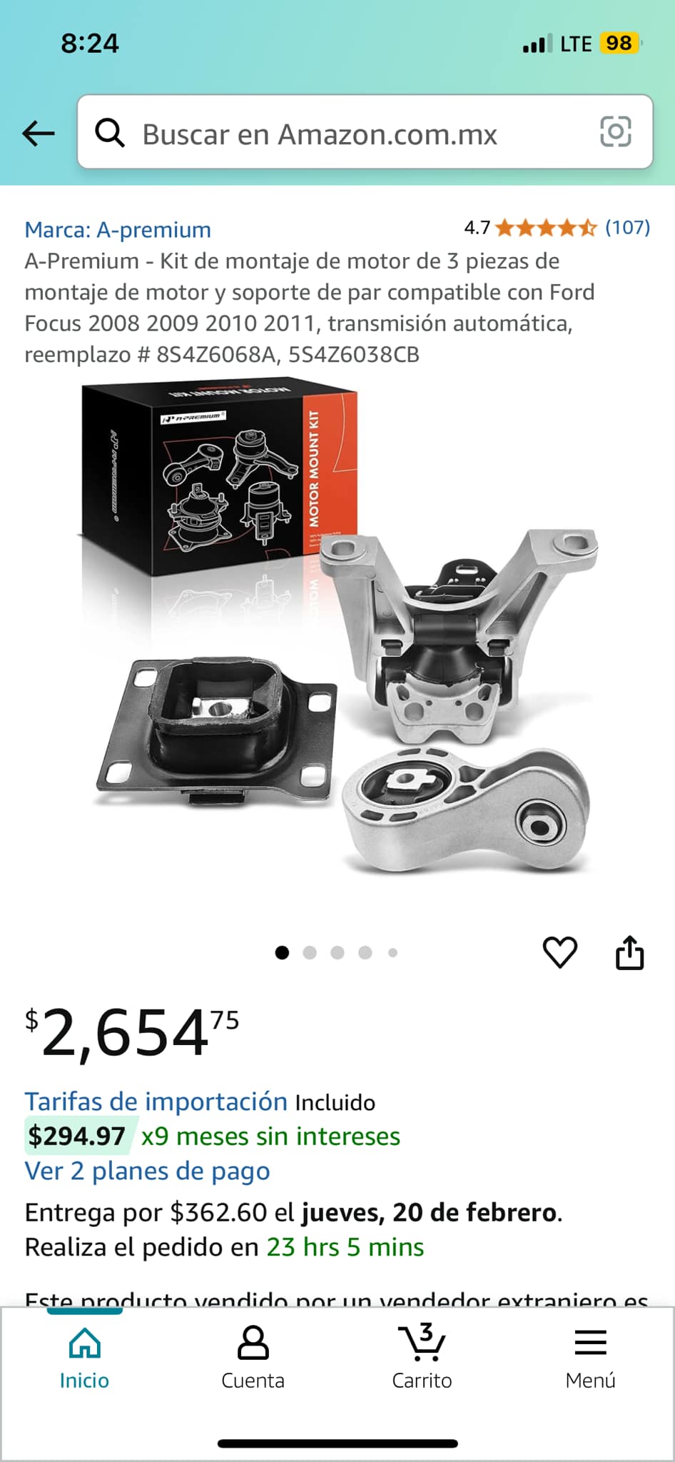 Juego De 3 Soportes De Motor Y Transmisión Para Ford Focus 2008-2011 Automático 2.0L