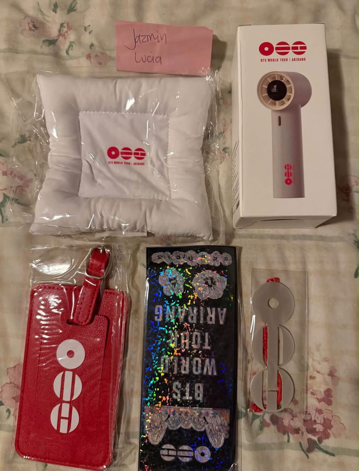 BTS World Tour 'Arirang' merchandise for sale: pillow, luggage tag