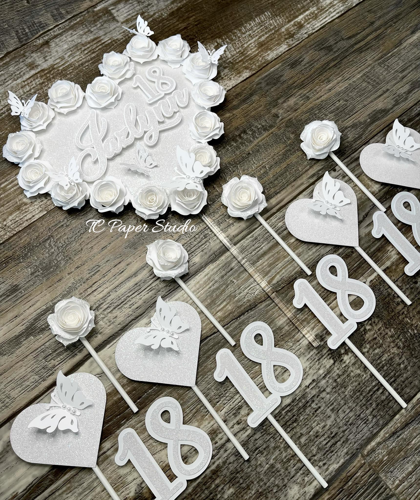 TC Paper Studio - All white Cake Topper & a dozen Cupcake...