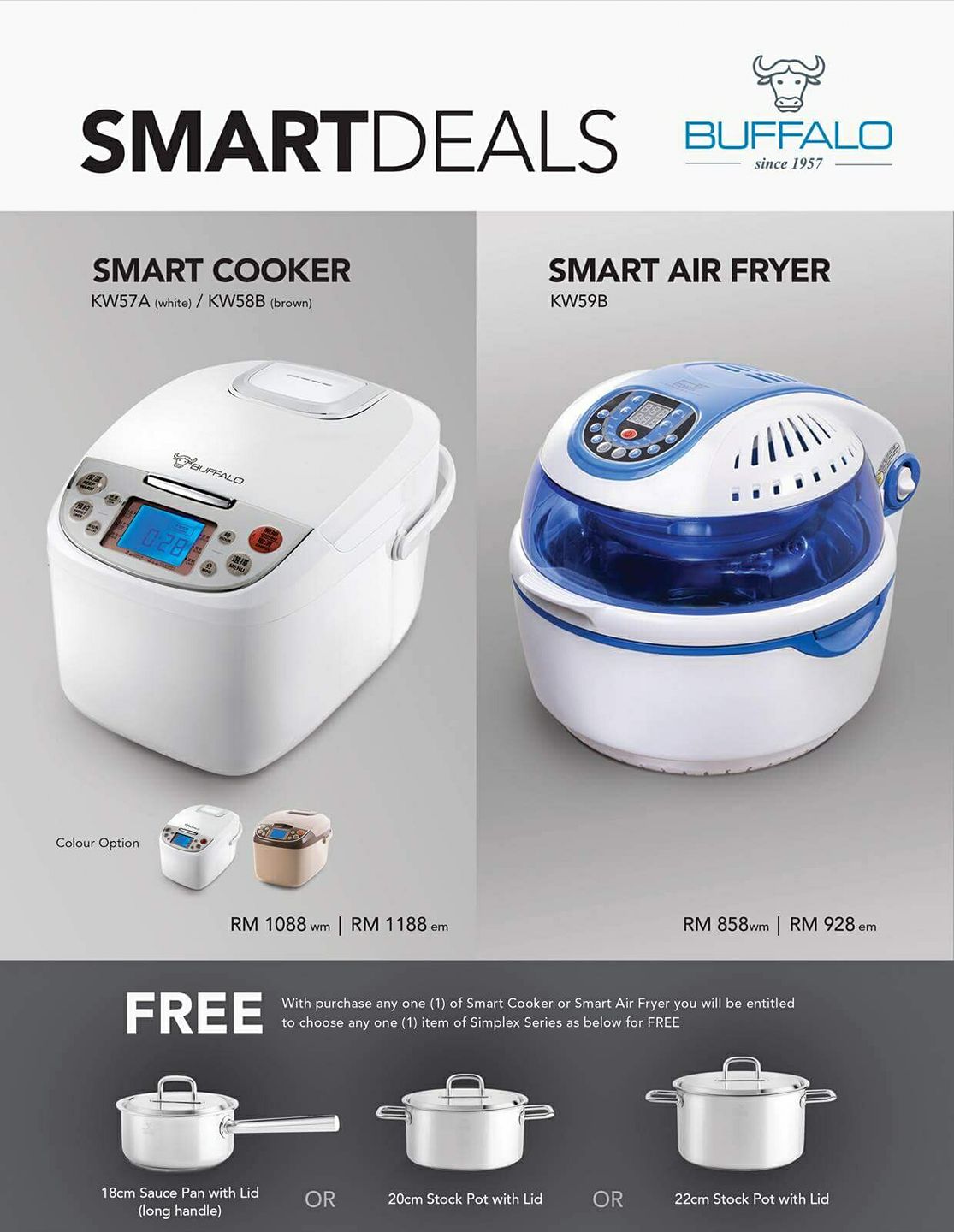 Buffalo 牛头牌 Penang Authorised Agent 国庆超值大优惠 大赠送凡购买牛头牌万能锅smart Cooker或气炸锅air Fryer无需加价 额外赠送simplex系列汤锅一个 从18cm至22cm任选其一 存货有限送完为止打热线0124858488 Vinny Facebook