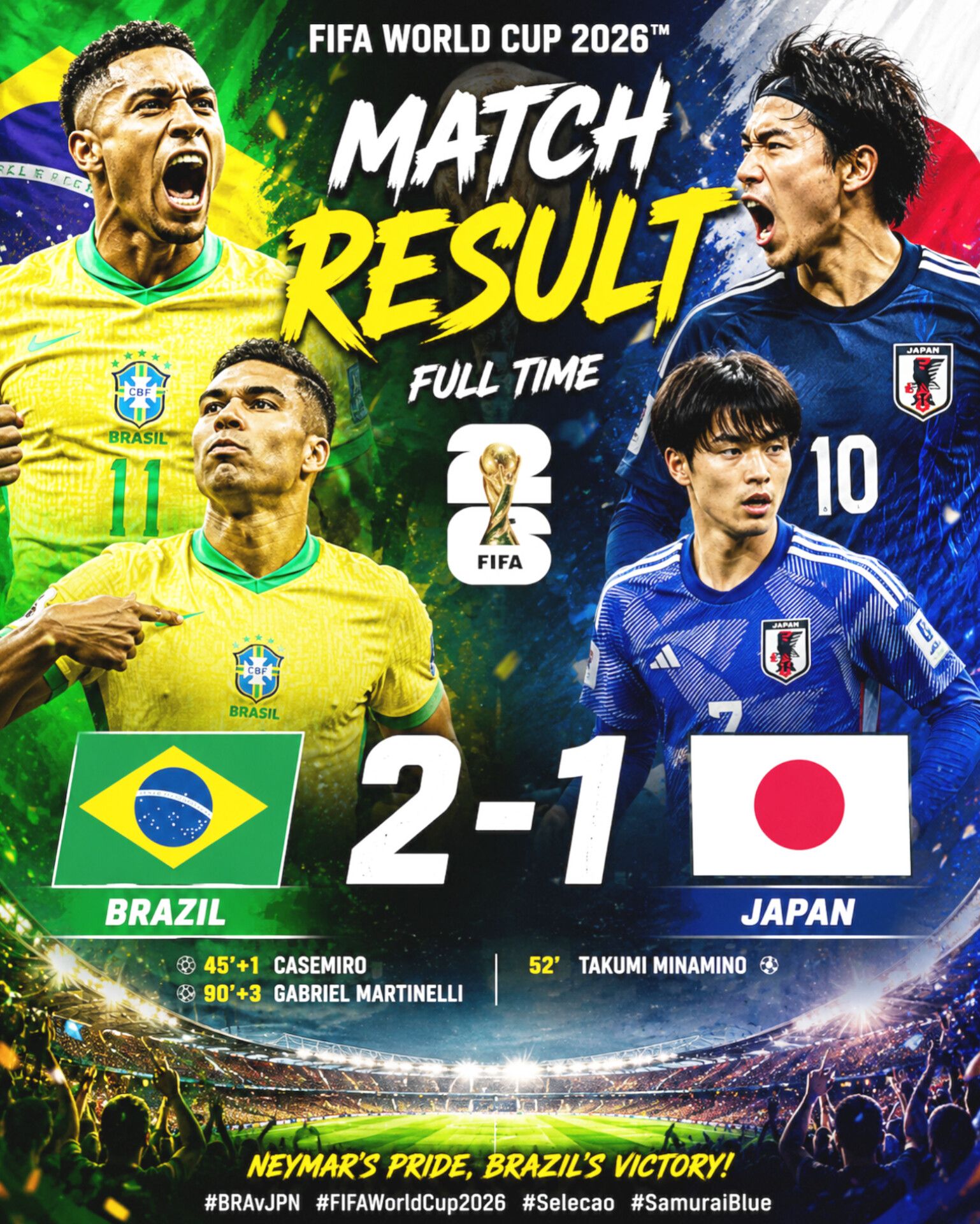 Brazil defeats Japan 2-1 in FIFA World Cup 2026