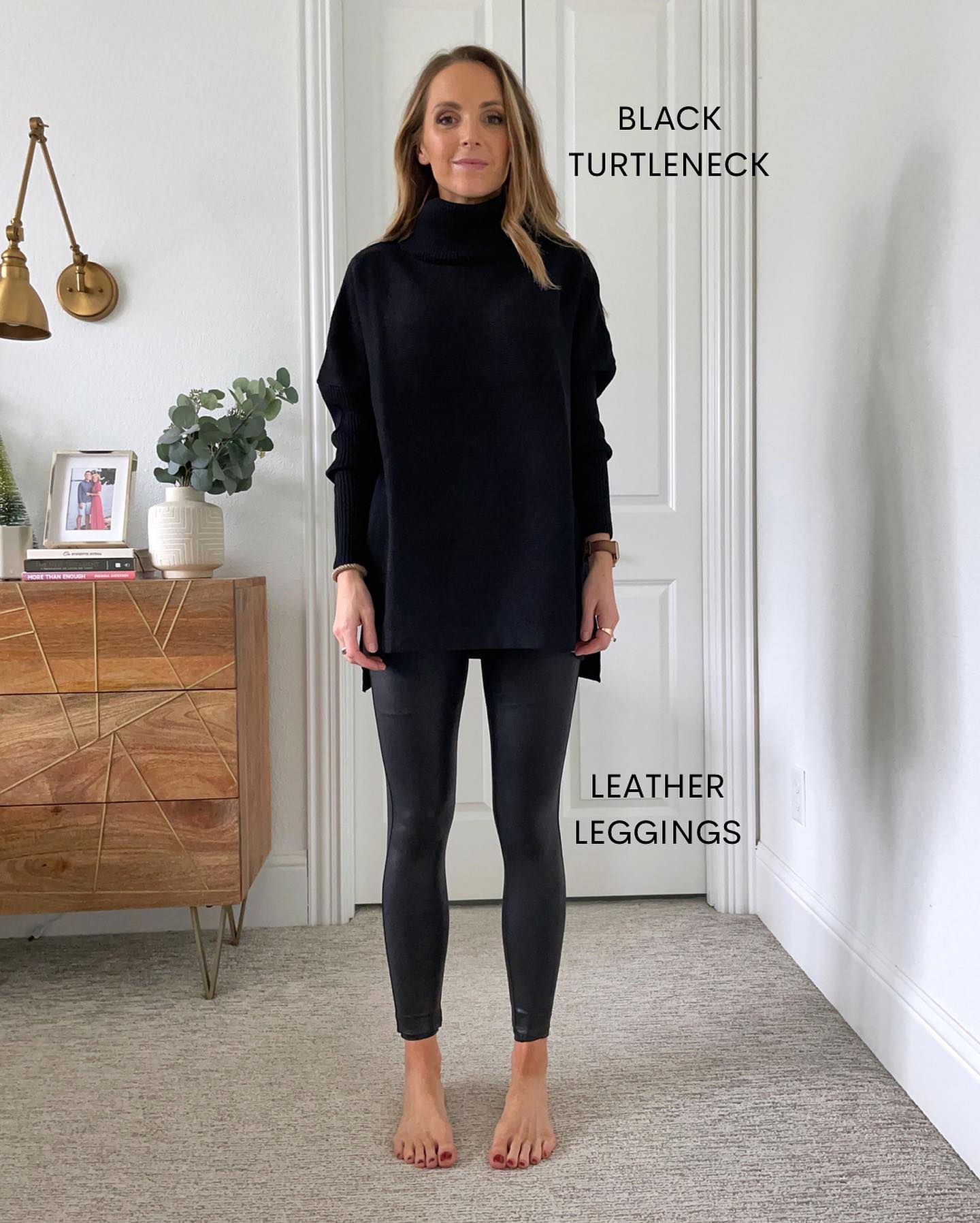 sweater dress with leather leggings Swipe to put this outfit together! ➡️ I have been LOVING my faux lately, and a long black tunic you have a chic, cozy outfit for winter 👏🏼 leather leggings outfit dressy