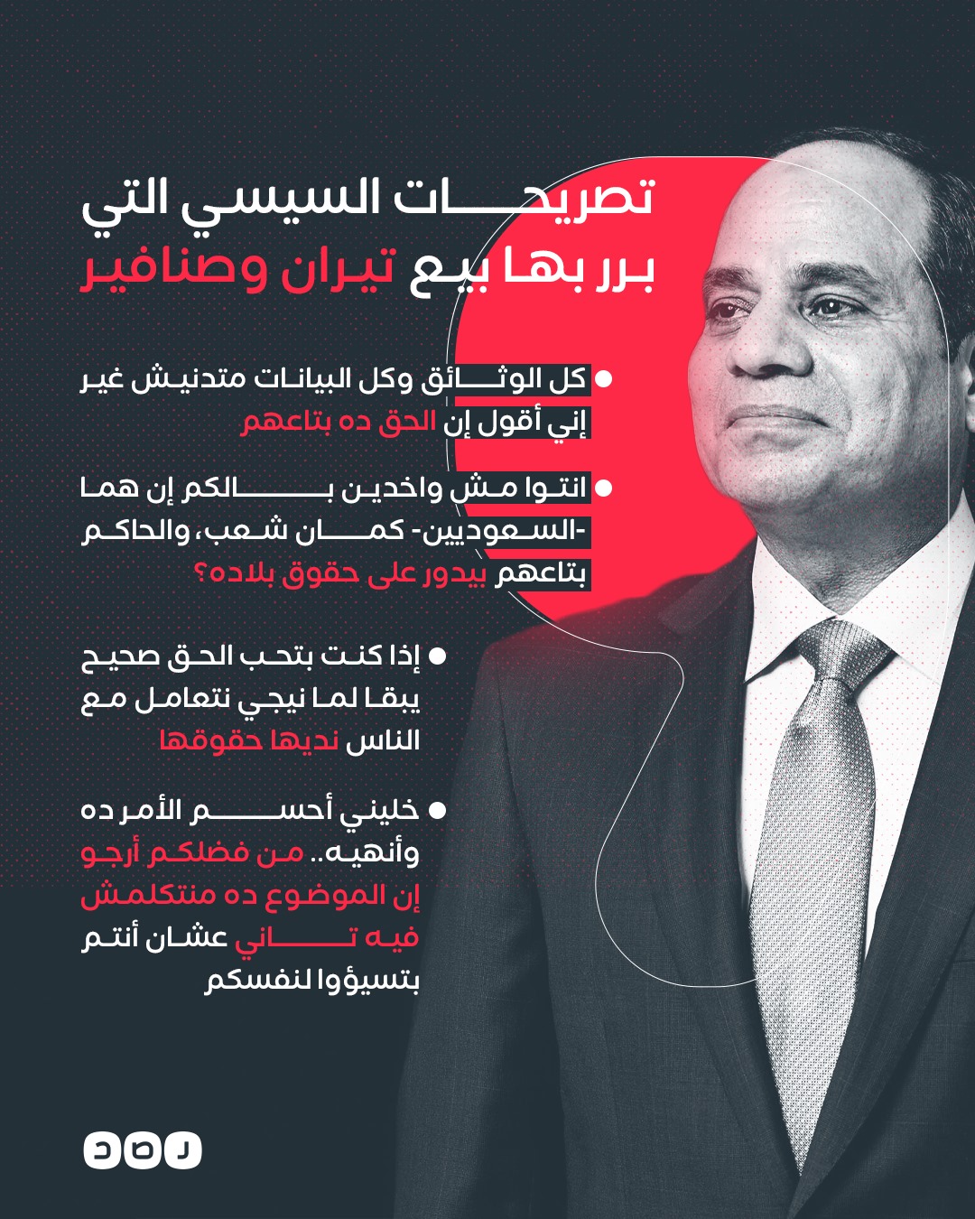 شبكة رصد - هكذا برر السيسي بيع جزيرتي تيران وصنافير للسعودية | Facebook