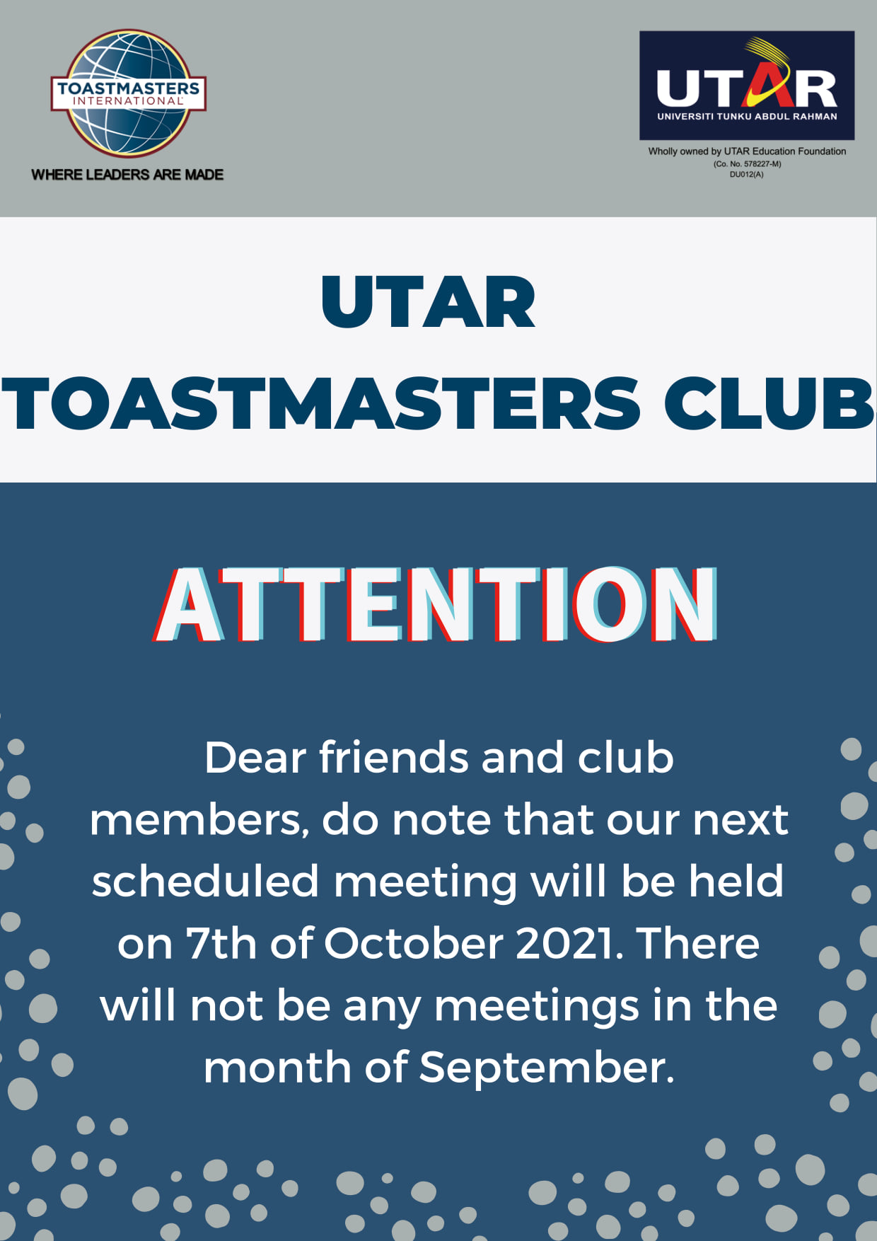 🔊 For your kind attention friends... - UTAR Toastmasters Club | Facebook