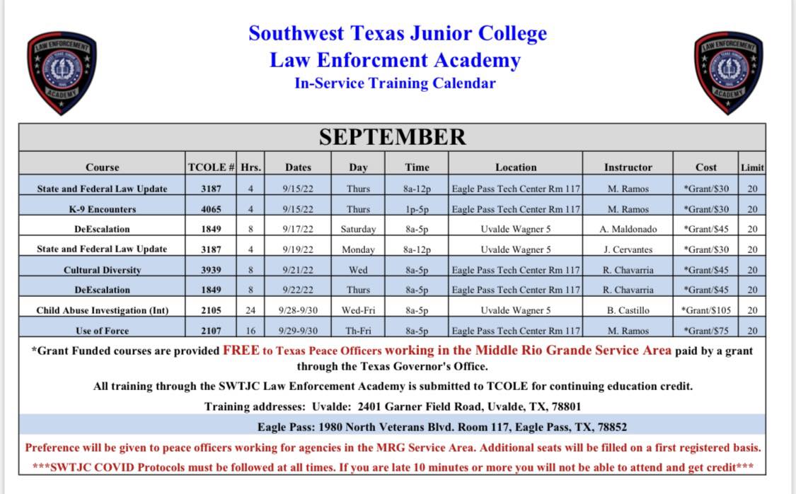 SWTX - ‼️ TCOLE In-Service Training ‼️ September Schedule Registration ...