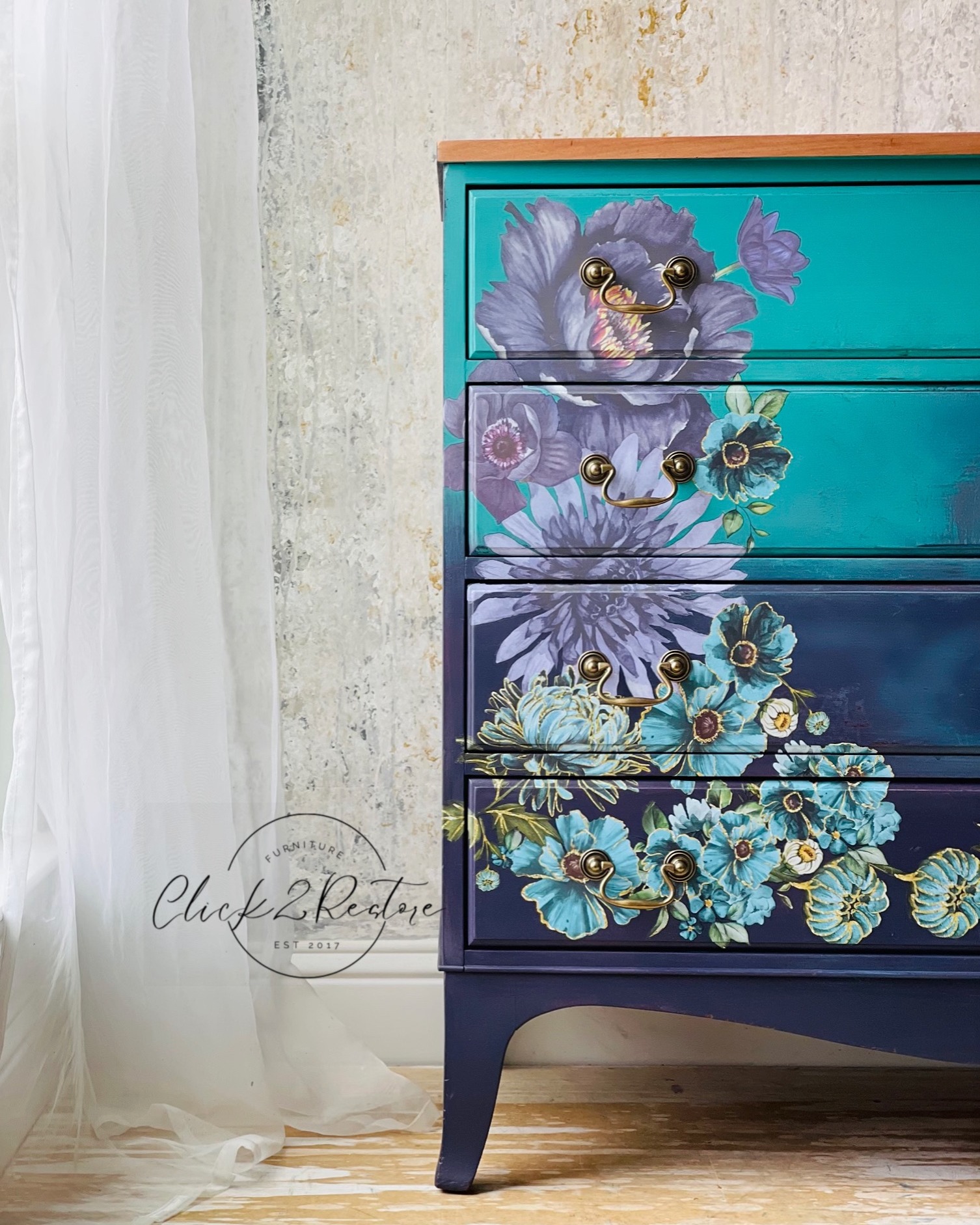 blue ombre dresser Beautiful with gilded florals transfer CD-14069-Cobalt Blue